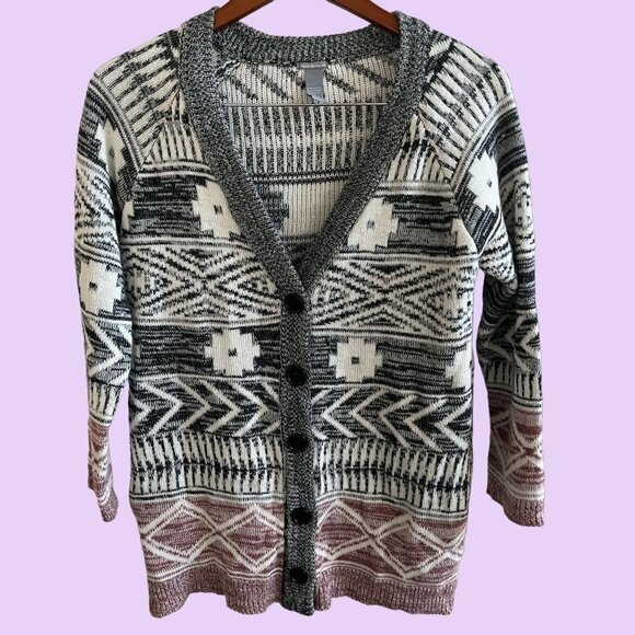 Cardigan Jacket Long Sleeve‎ Womens S Black White Red Button Up Aztec Design - Picture 1 of 12